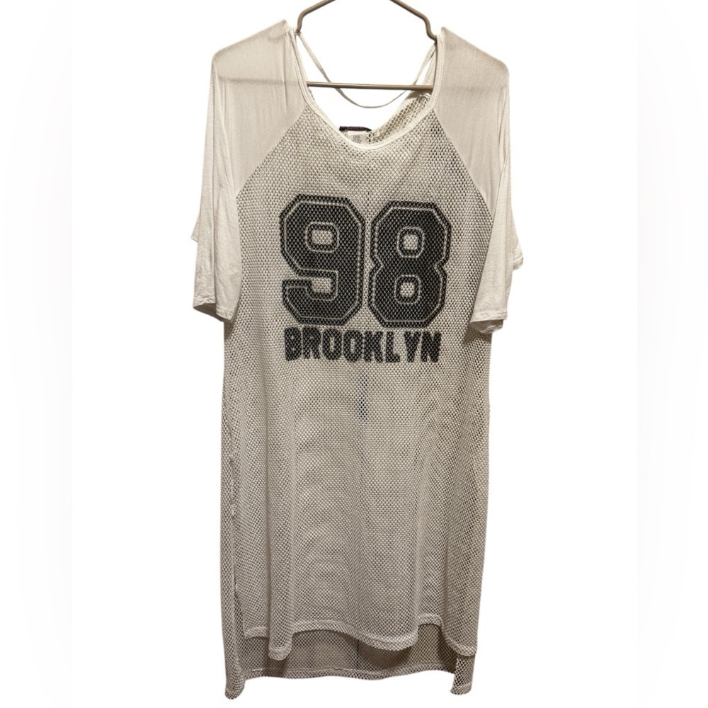 Blush White Mesh 89 Brooklyn Graphic See Through Short Sleeve Dress Sz 1X